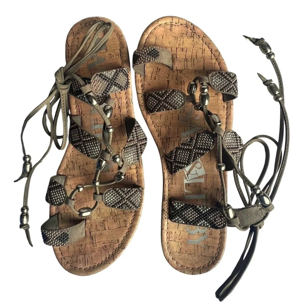 Bronze Beaded Lace Up‎ Gladiator Sandals Boho Festival Strappy Flat Cork Footbed